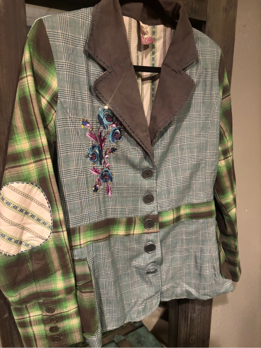Embroidered Plaid Mixed-Fabric Women's Jacket - Green/Gray chic or western